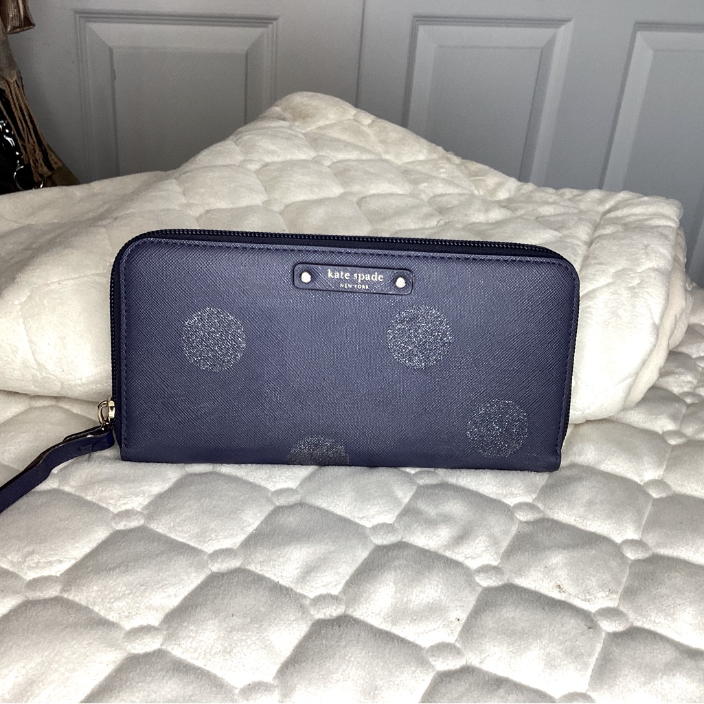 Kate Spade Zip Around Wallet In Navy Blue Saffiano Leather With Glitter Print